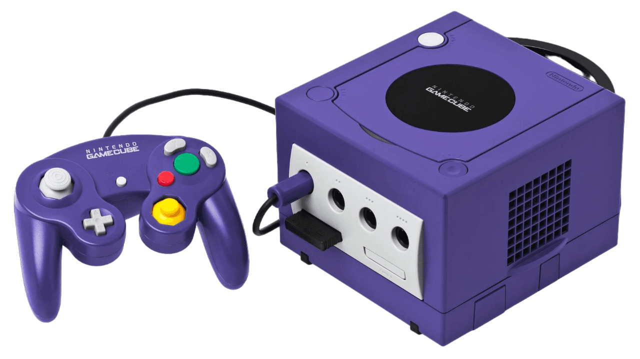 A Nintendo GameCube console shown with memory card and a standard controller.