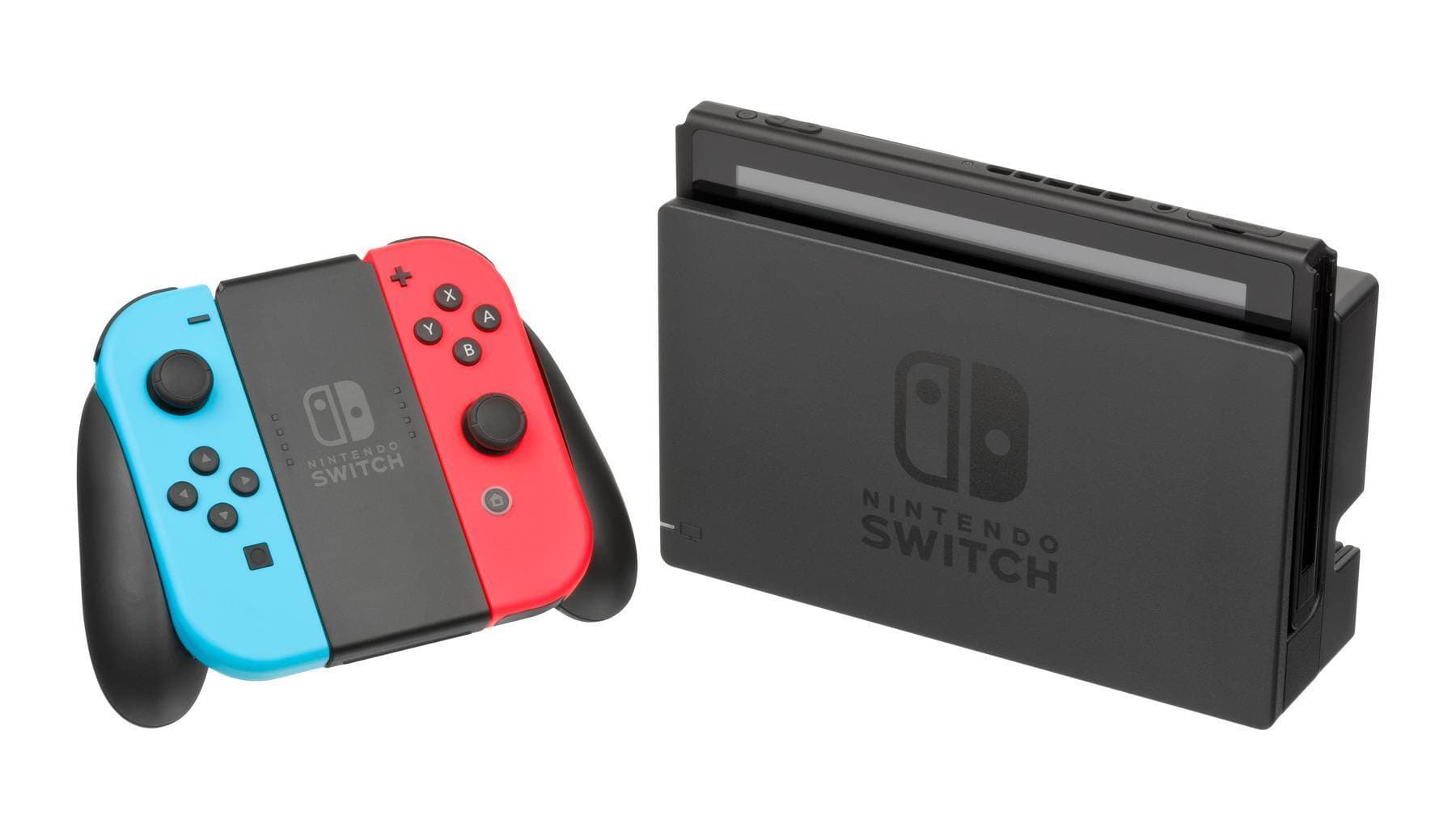 The Nintendo Switch, a hybrid portable - home console released by Nintendo in 2017. It is shown here in the docked - home mode, with the controllers detached from the main unit and in the included grip.