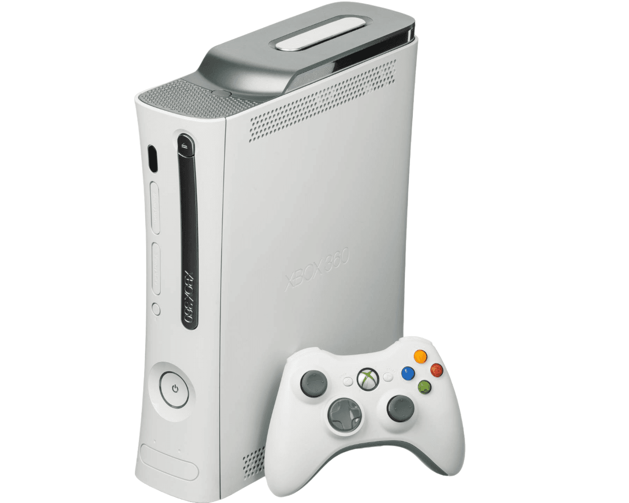 The Xbox 360, a video game console released by Microsoft in 2005. This is the 'Pro' model from the launch line-up, which featured a 20GB hard drive, wireless controller and a silver DVD bezel. The production date of this unit is 2005-11-05, making it a very early unit. Of note is the gray on the hard drive at the top, which is very shiny and silvery. This was changed to a matte gray in later models.