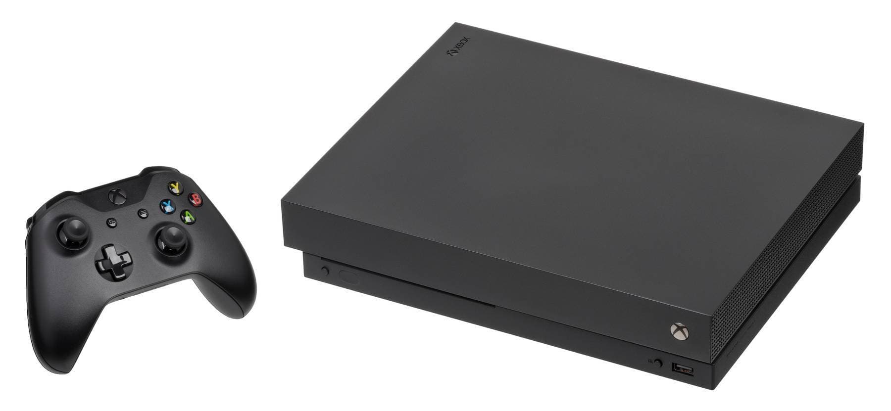 The Xbox One X video game console and controller, made by Microsoft and originally released in 2017. This is a mid-generation refresh of the original Xbox One, which offered more powerful hardware capable of running games at higher resolutions and frame rates.